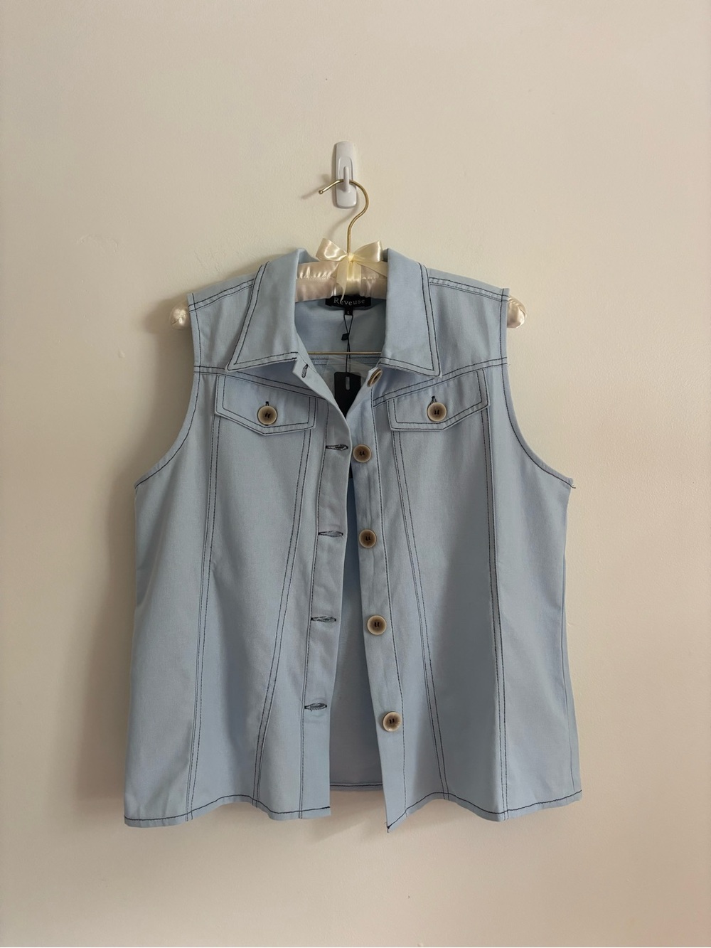 NWT Réveuse Light Blue Sleeveless Button Front Vest Shirt
